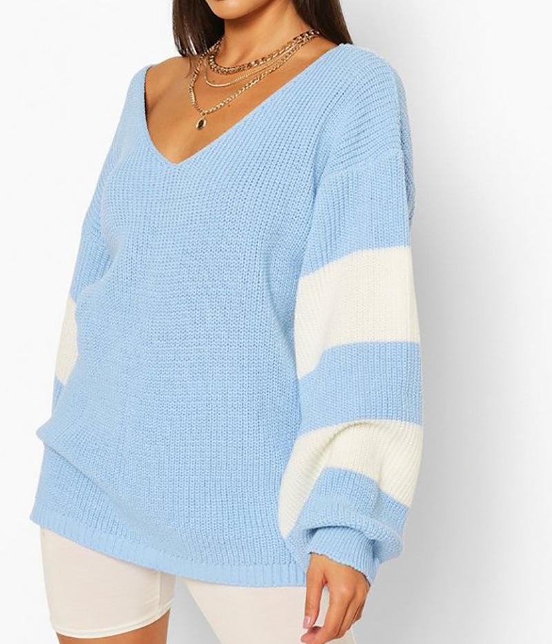 V-Neck Long Sleeve Knitted Sweater (blue)