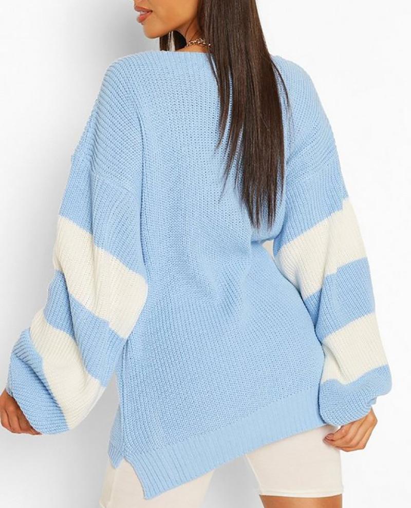 V-Neck Long Sleeve Knitted Sweater (blue)