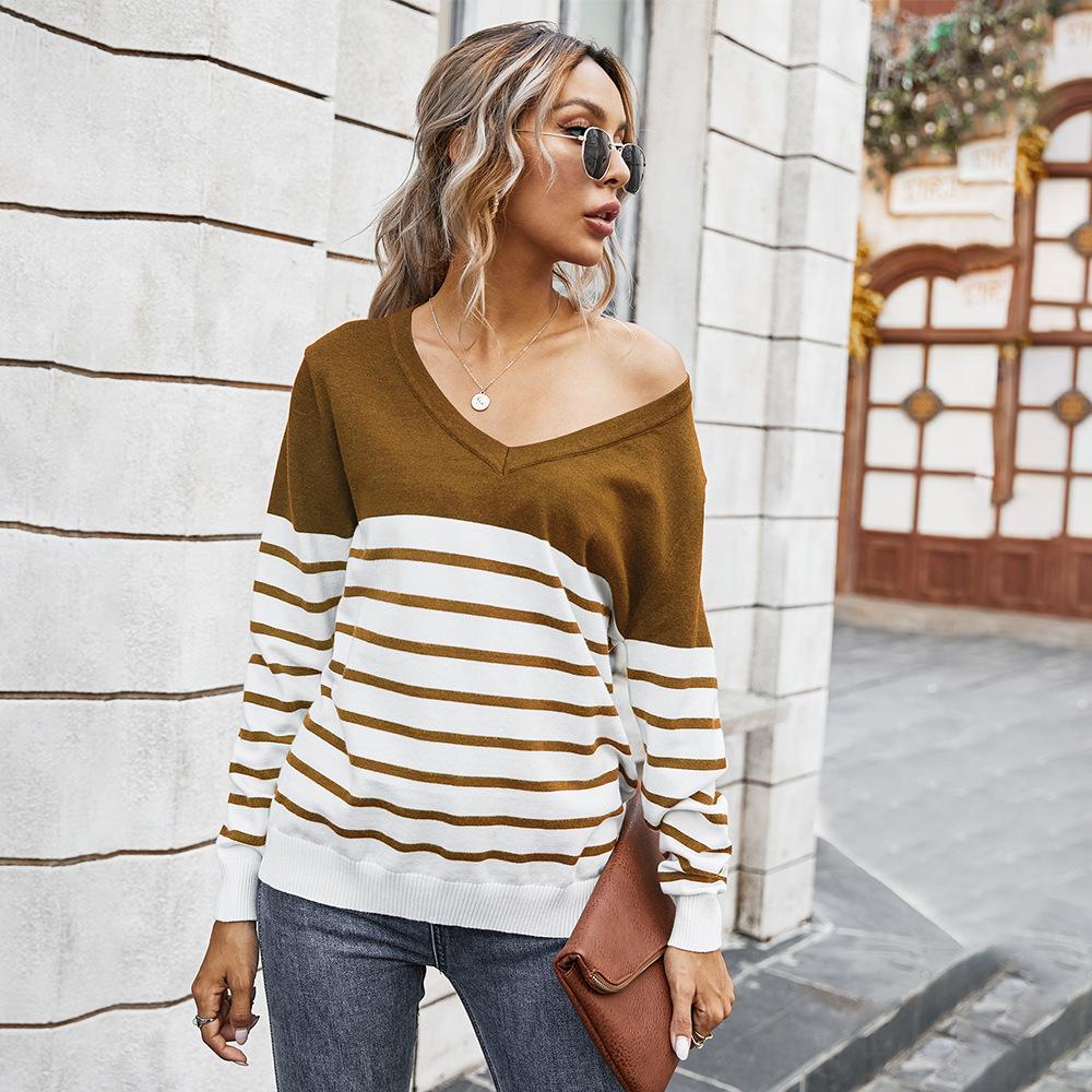 V-neck Hit Color Stiped Pullover Sweater
