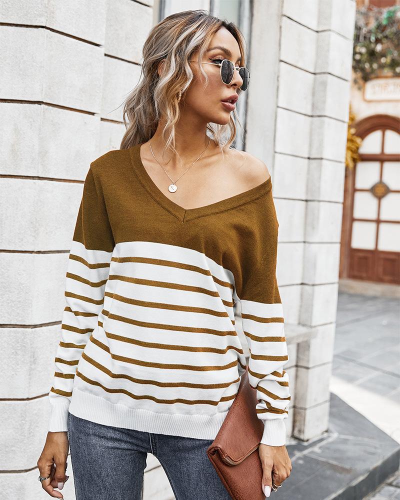 V-neck Hit Color Stiped Pullover Sweater