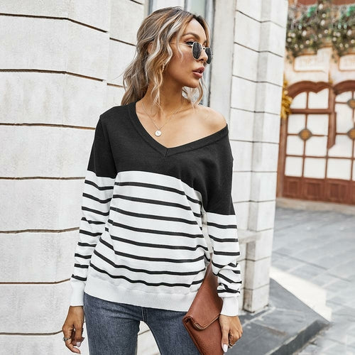 V-neck Hit Color Stiped Pullover Sweater