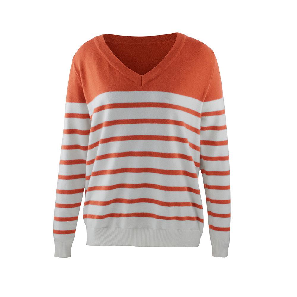 V-neck Hit Color Stiped Pullover Sweater