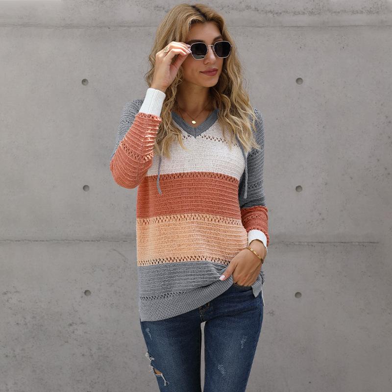 Womens Color Block Knit Hoodies Sweaters Loose Pullover Sweatshirts