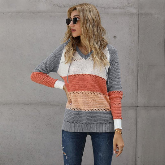 Womens Color Block Knit Hoodies Sweaters Loose Pullover Sweatshirts