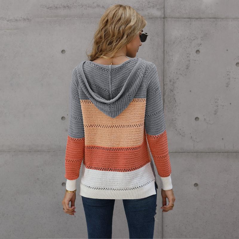 Womens Color Block Knit Hoodies Sweaters Loose Pullover Sweatshirts