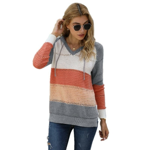 Womens Color Block Knit Hoodies Sweaters Loose Pullover Sweatshirts