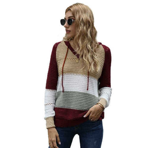 Womens Color Block Knit Hoodies Sweaters Loose Pullover Sweatshirts