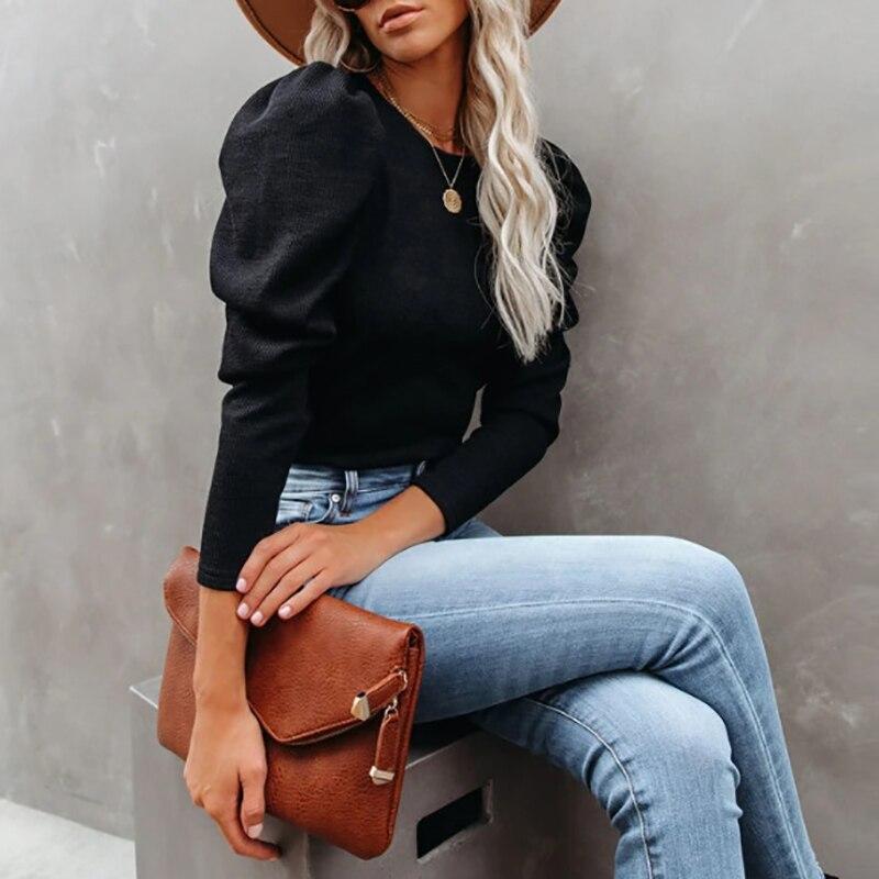 O-Neck Puff Shoulder Blouse