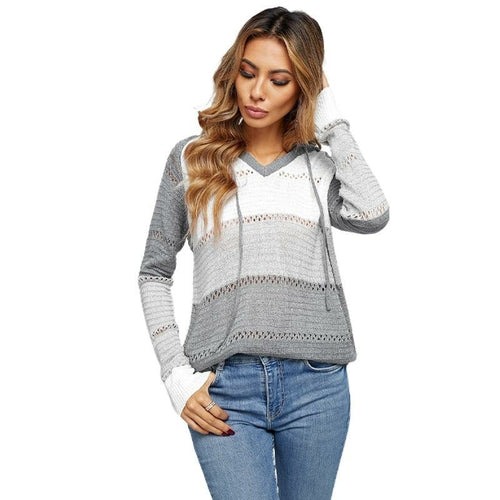 Womens Color Block Knit Hoodies Sweaters Loose Pullover Sweatshirts