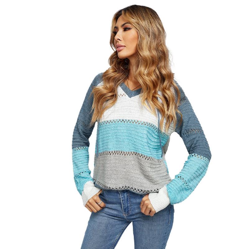 Womens Color Block Knit Hoodies Sweaters Loose Pullover Sweatshirts