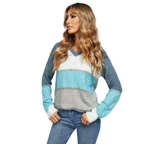 Womens Color Block Knit Hoodies Sweaters Loose Pullover Sweatshirts