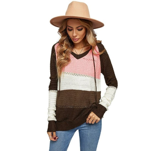 Womens Color Block Knit Hoodies Sweaters Loose Pullover Sweatshirts