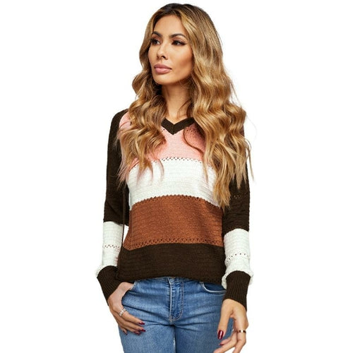 Womens Color Block Knit Hoodies Sweaters Loose Pullover Sweatshirts