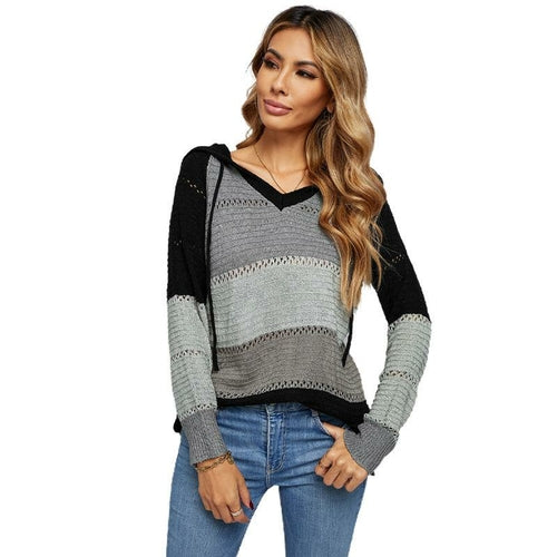 Womens Color Block Knit Hoodies Sweaters Loose Pullover Sweatshirts