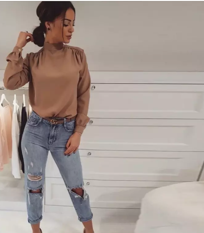 Women's Office Lady Back Bow Blouse ~ Long Sleeve Solid Color Elegant Blouse