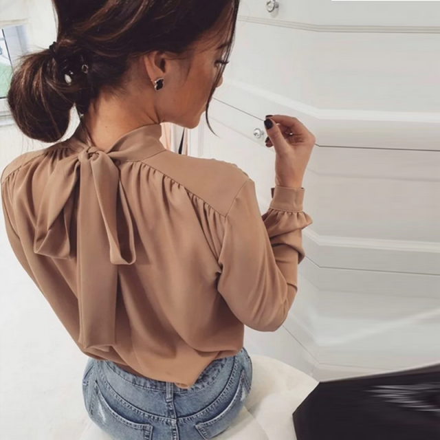 Women's Office Lady Back Bow Blouse ~ Long Sleeve Solid Color Elegant Blouse