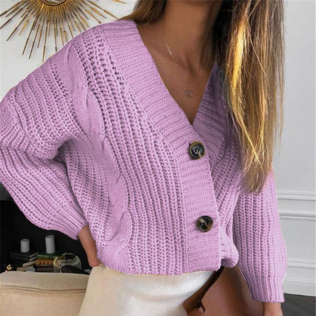 Women's Short Cardigan Knitted Sweater (Long Sleeve V Neck)