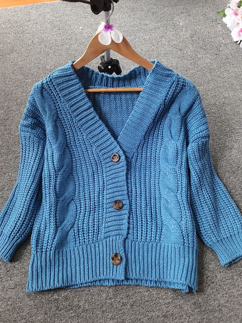Women's Short Cardigan Knitted Sweater (Long Sleeve V Neck)