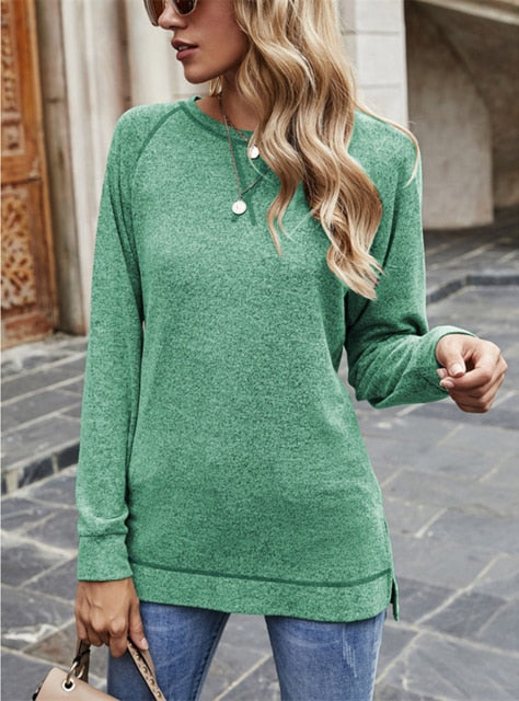 Casual Loose O-Neck Solid Women's Long Sleeve Top (Plus Sizes Available)
