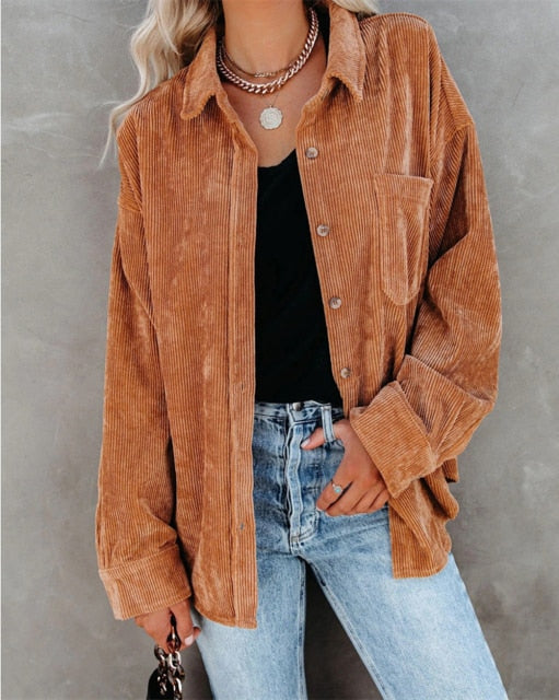 Corduroy Women's Solid Color \ Loose Boyfriend Style Vintage Blouse