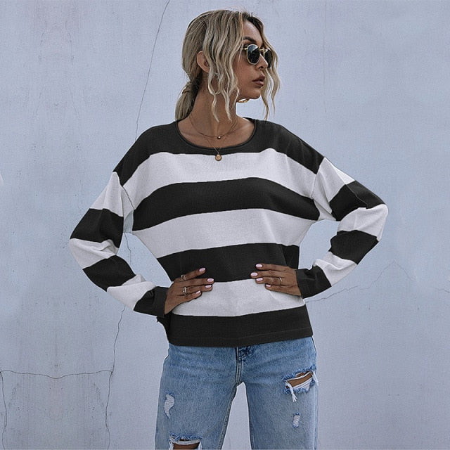 Basic Jumper Striped Sweater for Women Autumn/Winter Casual Knitted Pullovers (various colors)