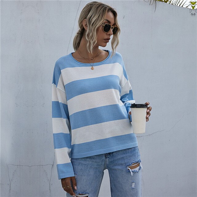 Basic Jumper Striped Sweater for Women Autumn/Winter Casual Knitted Pullovers (various colors)