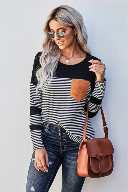 Women's Striped Tee Shirt w/ Pocket - Long Sleeve Top O-Neck Patchwork blouse