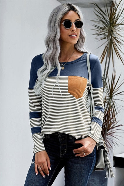 Women's Striped Tee Shirt w/ Pocket - Long Sleeve Top O-Neck Patchwork blouse