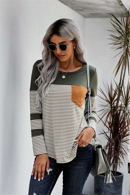Women's Striped Tee Shirt w/ Pocket - Long Sleeve Top O-Neck Patchwork blouse