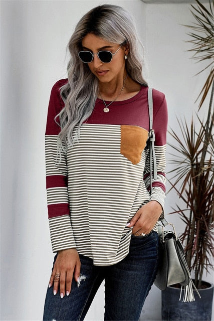 Women's Striped Tee Shirt w/ Pocket - Long Sleeve Top O-Neck Patchwork blouse