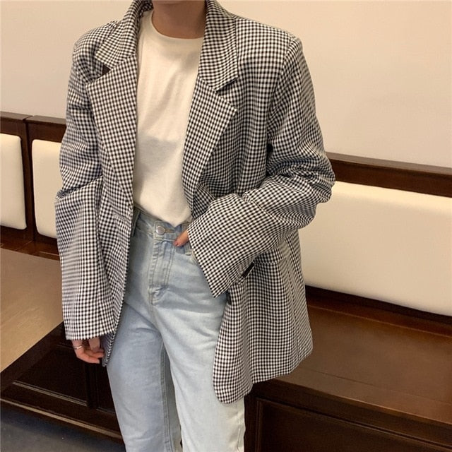 Colorfaith Plaid Women's Blazer Double Breasted