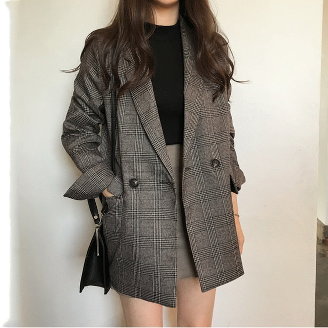 Colorfaith Plaid Women's Blazer Double Breasted