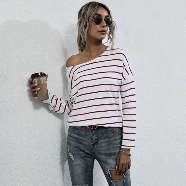 Basic Striped T Shirt for Women Casual O Neck Full Sleeve Pullover