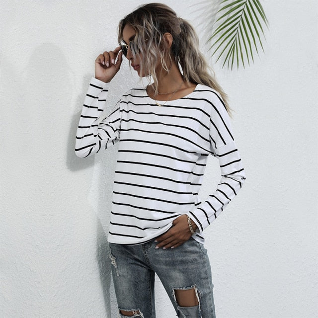Basic Striped T Shirt for Women Casual O Neck Full Sleeve Pullover