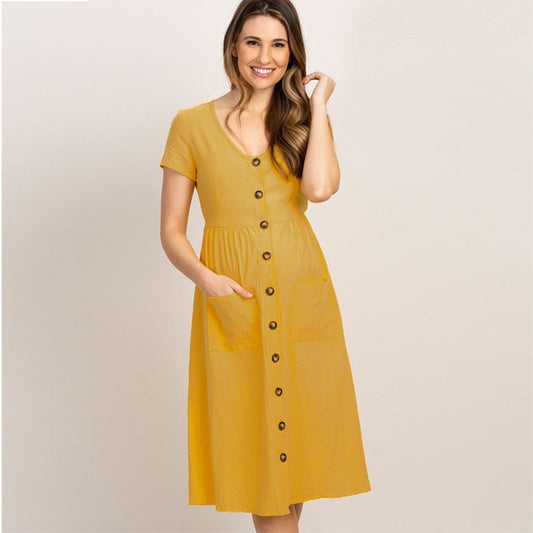 Button Pocket Maternity Dress for Pregnant Women