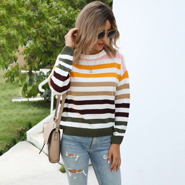 Women's O-Neck 2021 New Knitted Striped Pullover Sweater
