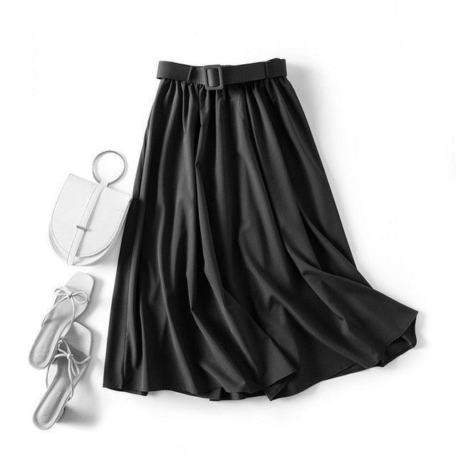 Casual Elegant Women Skirt Solid High Waist Belt A-Line Vintage