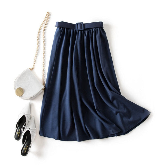 Casual Elegant Women Skirt Solid High Waist Belt A-Line Vintage
