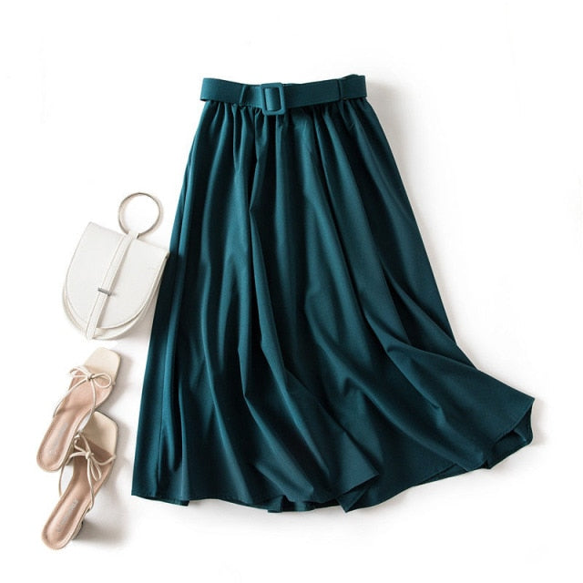 Casual Elegant Women Skirt Solid High Waist Belt A-Line Vintage