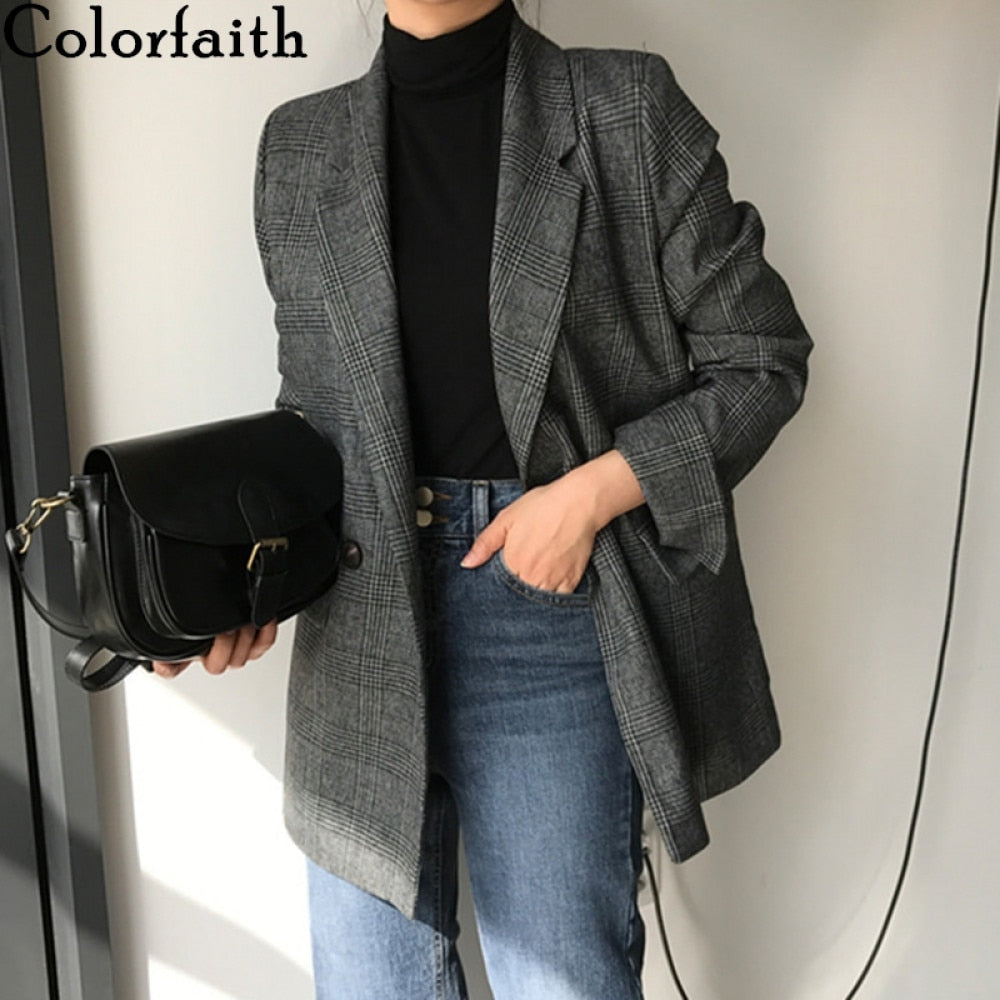 Colorfaith Plaid Women's Blazer Double Breasted