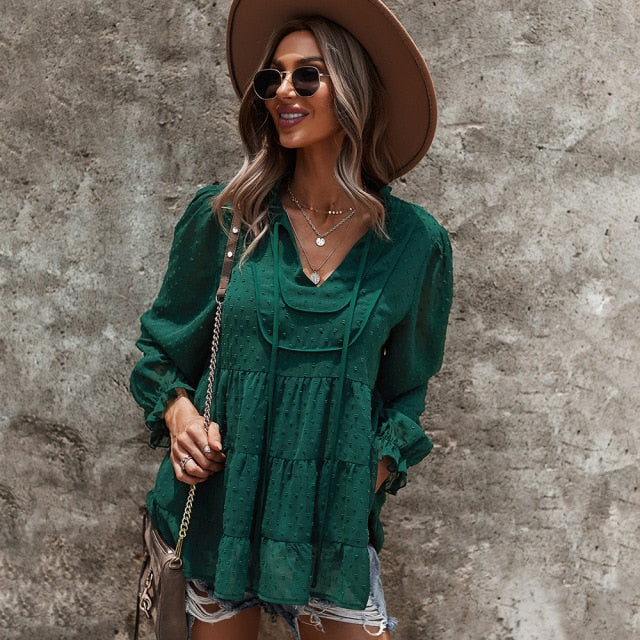 Fall New Women's Elegnt V Neck Lace Up Petal Sleeved Solid Color Oversized Top