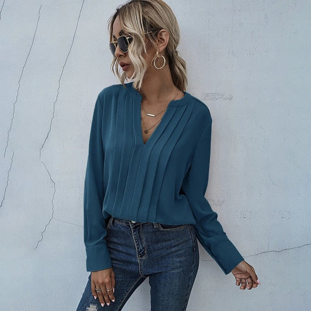 Women's Long Sleeve V-Neck Blouse (various colors)