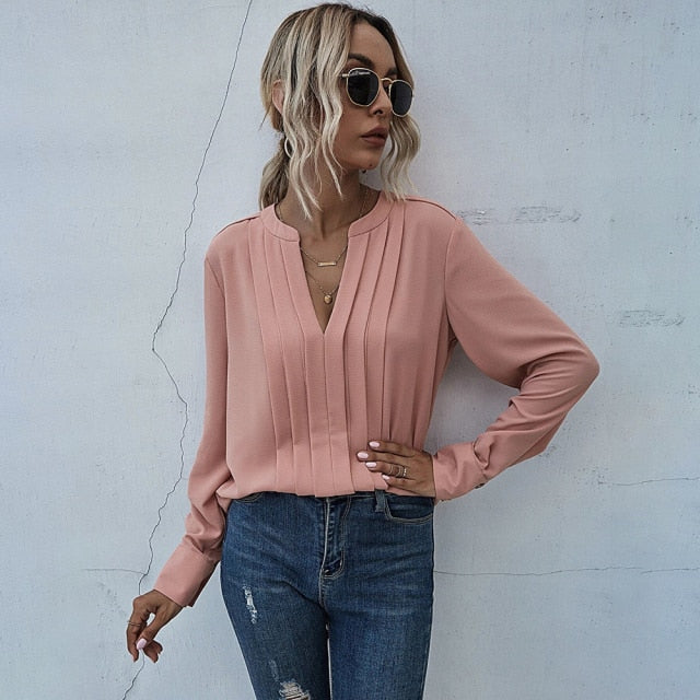 Women's Long Sleeve V-Neck Blouse (various colors)