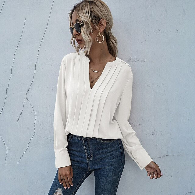 Women's Long Sleeve V-Neck Blouse (various colors)