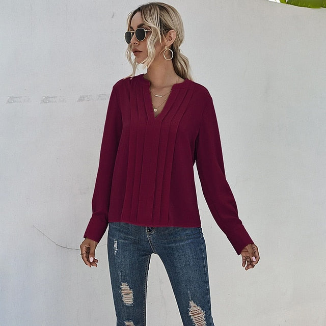 Women's Long Sleeve V-Neck Blouse (various colors)
