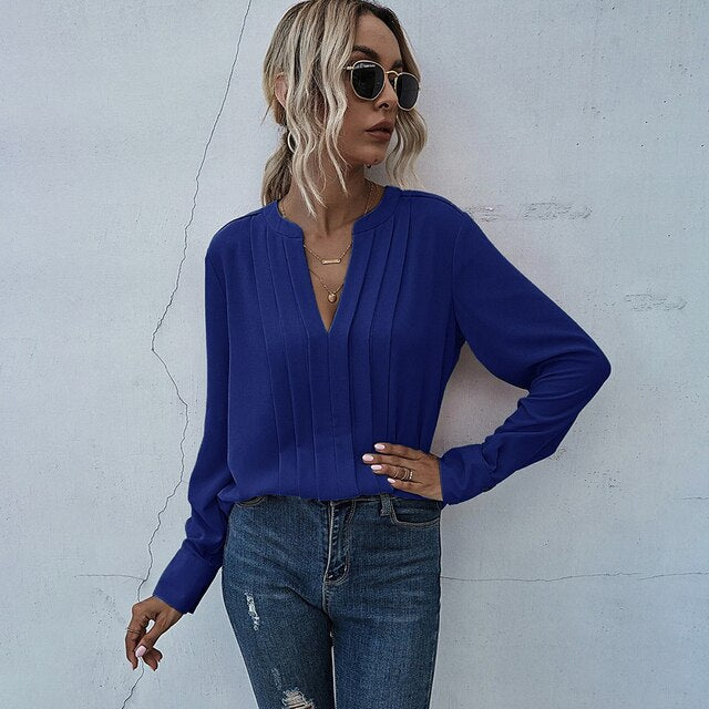 Women's Long Sleeve V-Neck Blouse (various colors)
