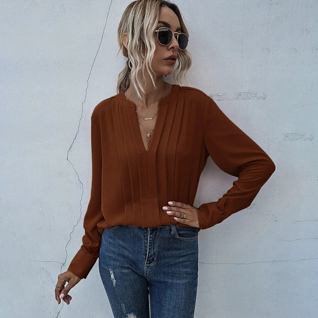 Women's Long Sleeve V-Neck Blouse (various colors)