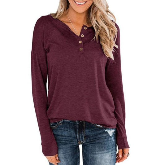 Button V-Neck Women's Autumn Vintage Solid Color Basic Pullover Blouse
