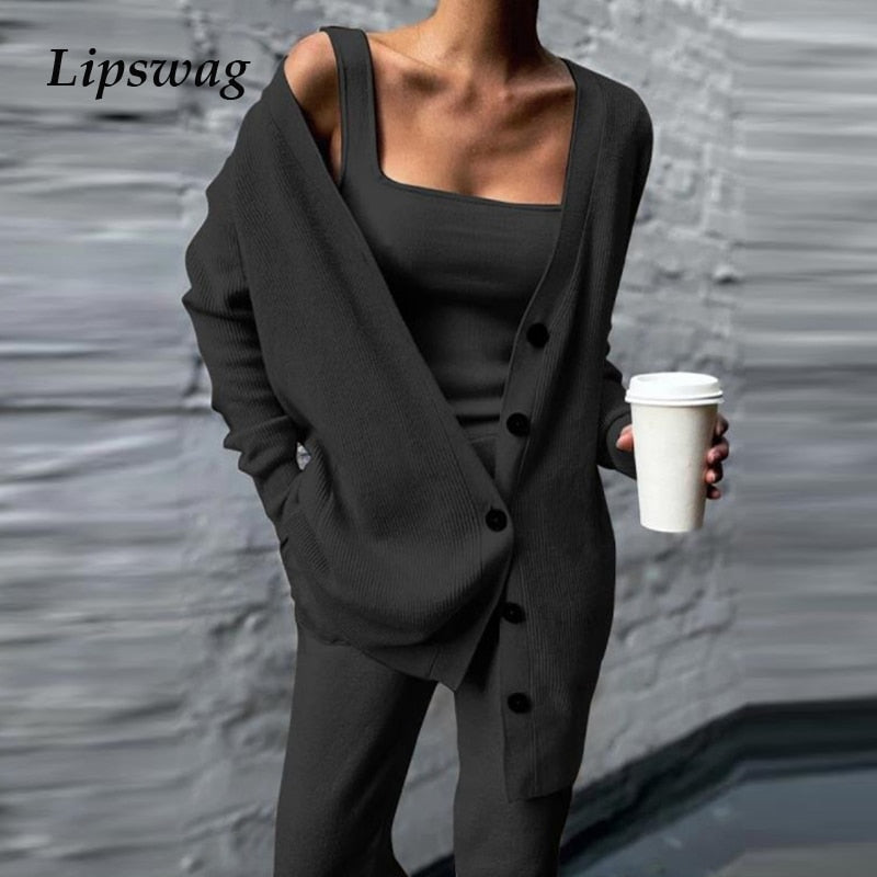 Women's Three Piece Set Winter Knitted Solid Cardigan