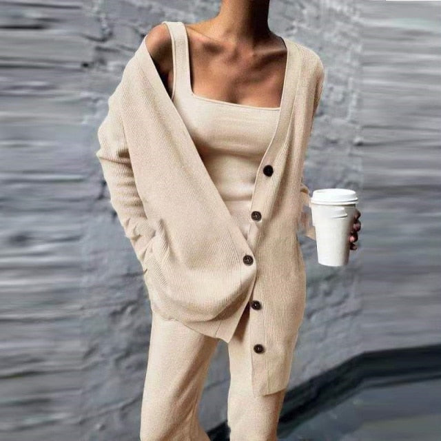 Women's Three Piece Set Winter Knitted Solid Cardigan